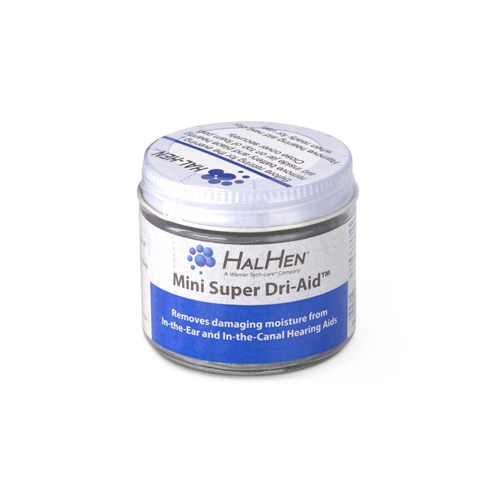 Hal-Hen® Mini Super Dri-Aid™ is a compact solution designed to combat moisture buildup in hearing aids.